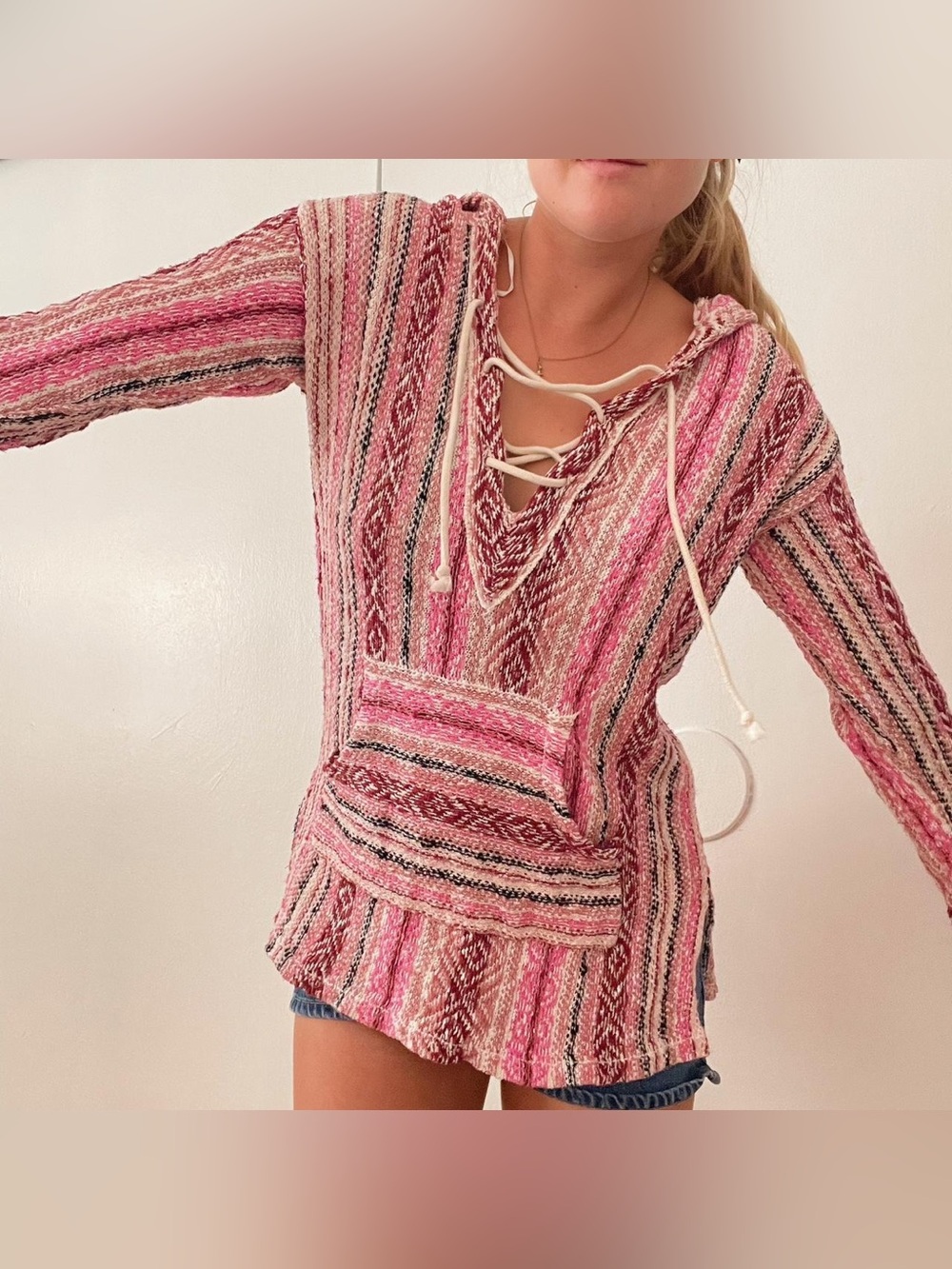 Wearing Your Heart On Your Sleeve Woven Baja Hooded Sweater Size Medium
